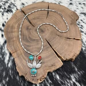 1980s Native American NAVAJO Sterling Turquoise & Coral Floral Bouquet Necklace
